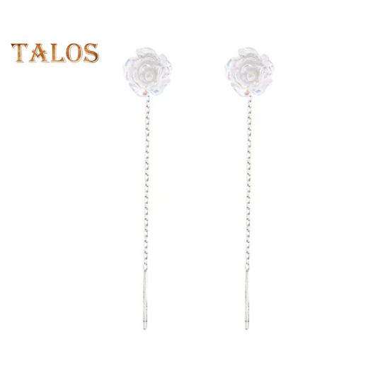 1 Pair Women Stud Earrings 3D Rose Shape Linear Tassel Long Dangle Earrings Prom Party Bride Wedding Ear Jewelry
