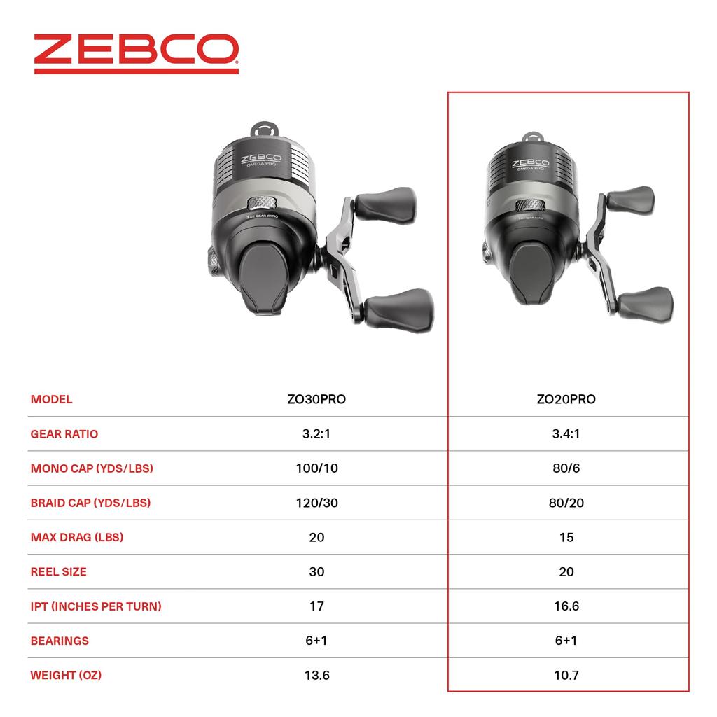 Zebco Omega Pro Spincast Angelrolle Größe Dual Keramik-Aufnehmer Massives Messing Ritzel GlideLine II Schnuraufzug 6lb Angelschnur Geflochten Schwarz Rolle, 20,