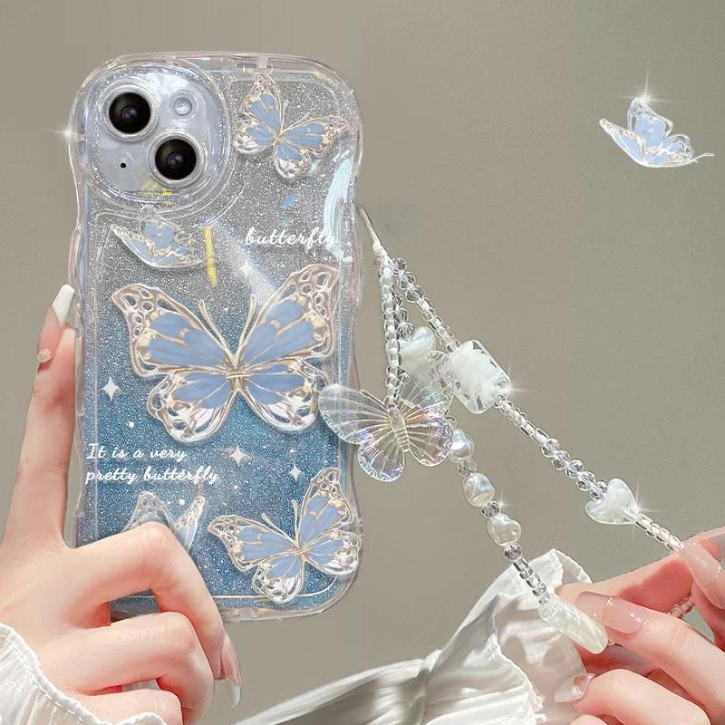 Glitter Butterfly Gradient Lanyard Case For iPhone 14 13 15 16 Pro Max 12 11 X Xr Xs 8 7 Plus Hand Wrist Chain Soft Wave Cover