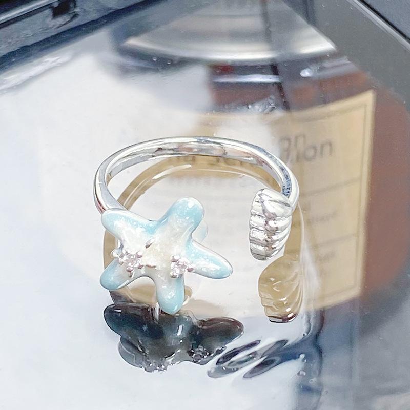 [Xinghai Secret Language] Starfish Enamel Dripping Oil Opening Ring Niche Light Luxury High-End Feeling Stacked With Zircon Ring Woman
