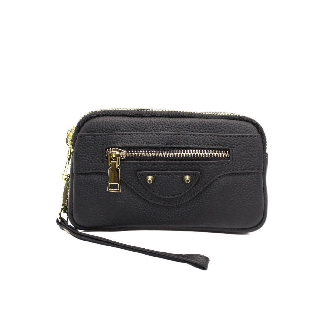 Women's Genuine Leather Long Wallet with Double Zipper and Phone Holder