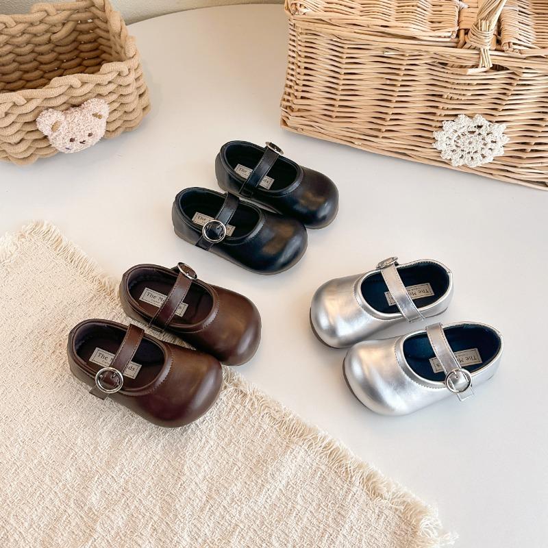 Solid Color Retro Simple Versatile Korean Style Girls Little Leather Princess Shoes Soft Sole Lightweight Comfortable