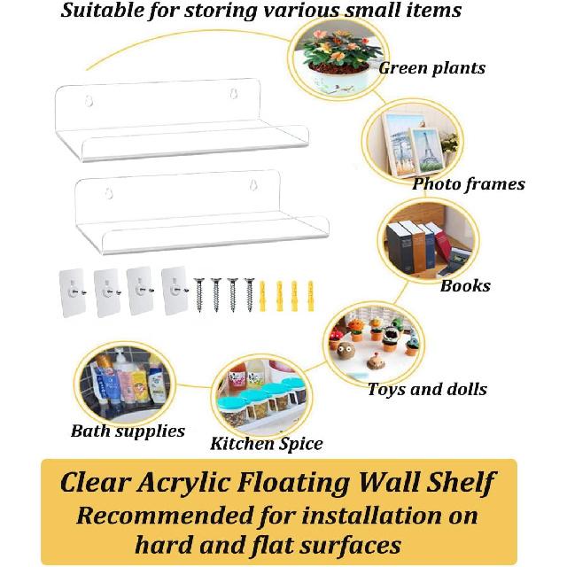 WANLIAN 8 Inch Acrylic Clear Shelves for Wall No Drilling, 2 Pack Small Adhesive Floating Shelf with Ledge, No Damage Mounted, Easily Expand Wall