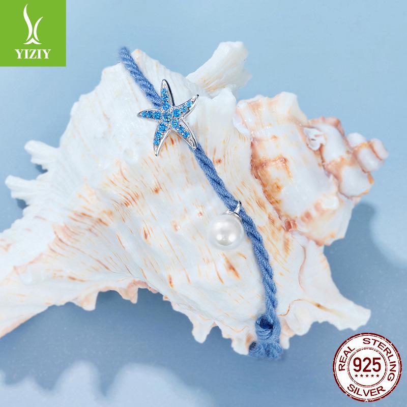 S925 Sterling Silver Starfish Bead Bracelet Summer Blue Ocean Wind Hand Rope Bracelet Jewelry