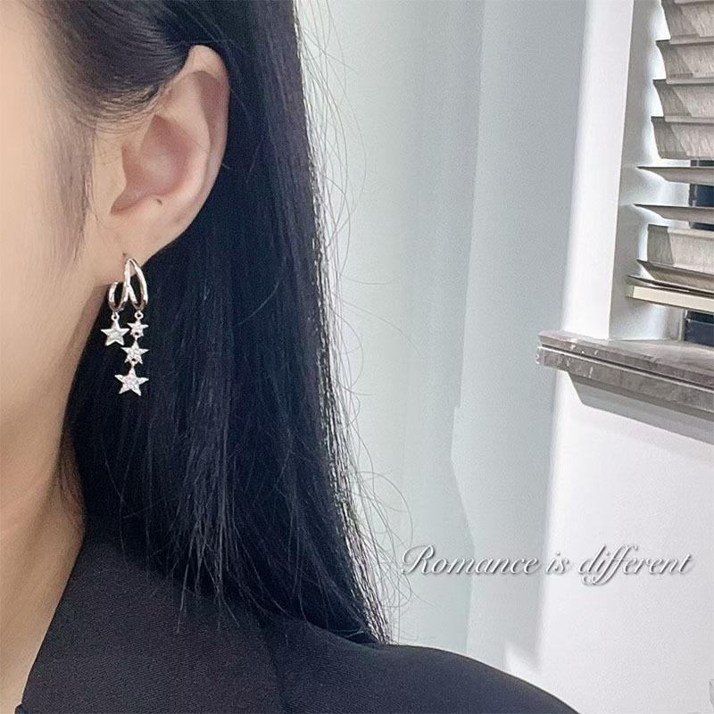 Asymmetric Star Fringed Earrings, Asymmetrical C-ring Earrings, Luxurious Minimalist Zircon Pentagram Earrings