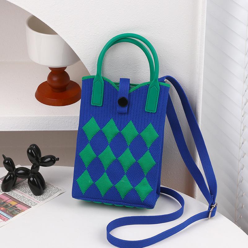 Knitted Mini Tote Bag Sweet Argyle Diamond Pattern Button Closure Soft Knit Handbag for Women Valentine's Day Gifts