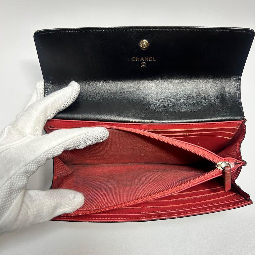 Used CHANEL Chanel Coco Mark Caviar Skin Long Wallet Black Beautiful Condition
