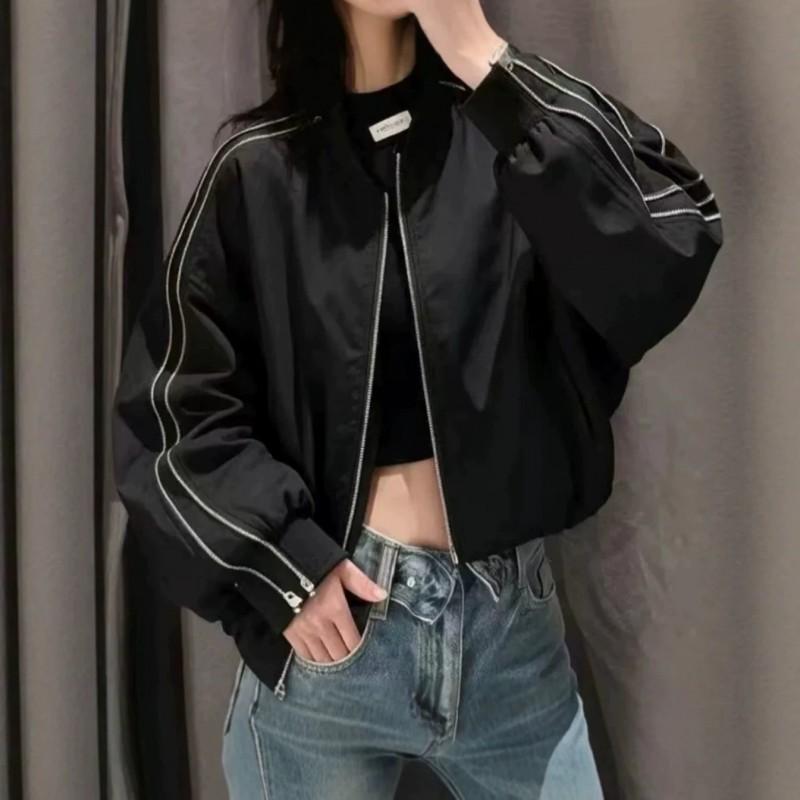 Womens Oversized Baseball Jacket 2026 Casual Chic Streetwear Coat Loose Fit Stand Collar Zip-Up