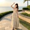 French waist pinch beautiful small skirt v-neck suspender cake long dress summer Sanya seaside vacation polka dot dress