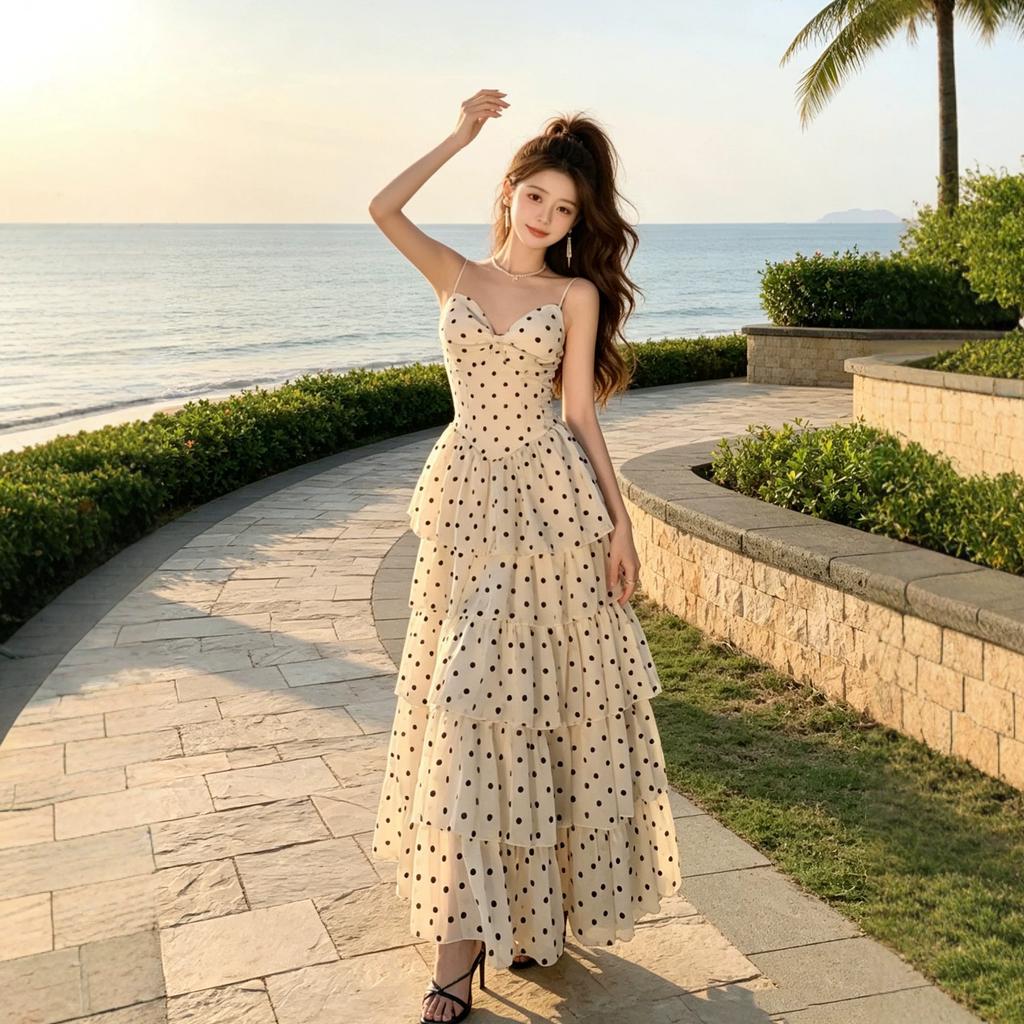 French waist pinch beautiful small skirt v-neck suspender cake long dress summer Sanya seaside vacation polka dot dress