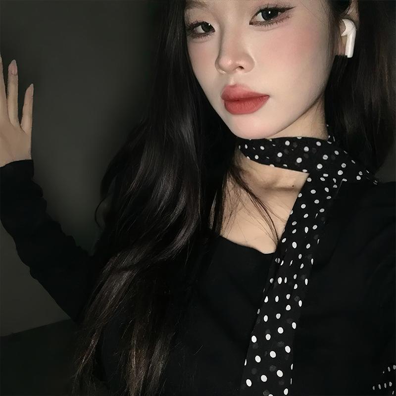Women Fashion Narrow Long Scarf 195x4cm Polka Dot Tie Bag Ribbon Headband Choker Streamer Silk Scarves Lady Accessories