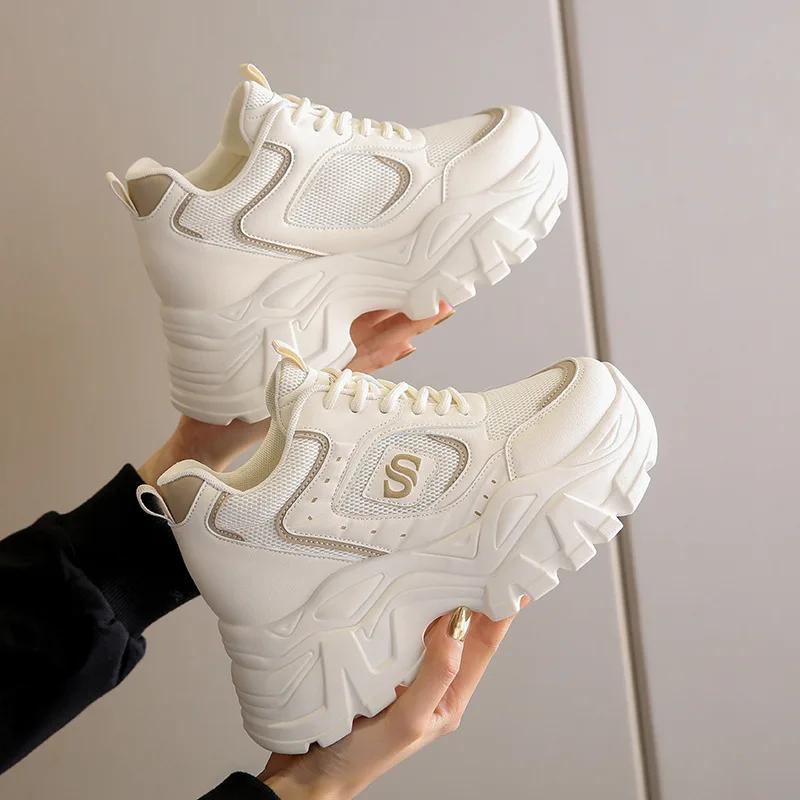 2024 New Spring Autumn Versatile Thick Bottom Height Increase 8CM Travel and Leisure Shoes Mesh Breathable Sports Shoes Sneakers