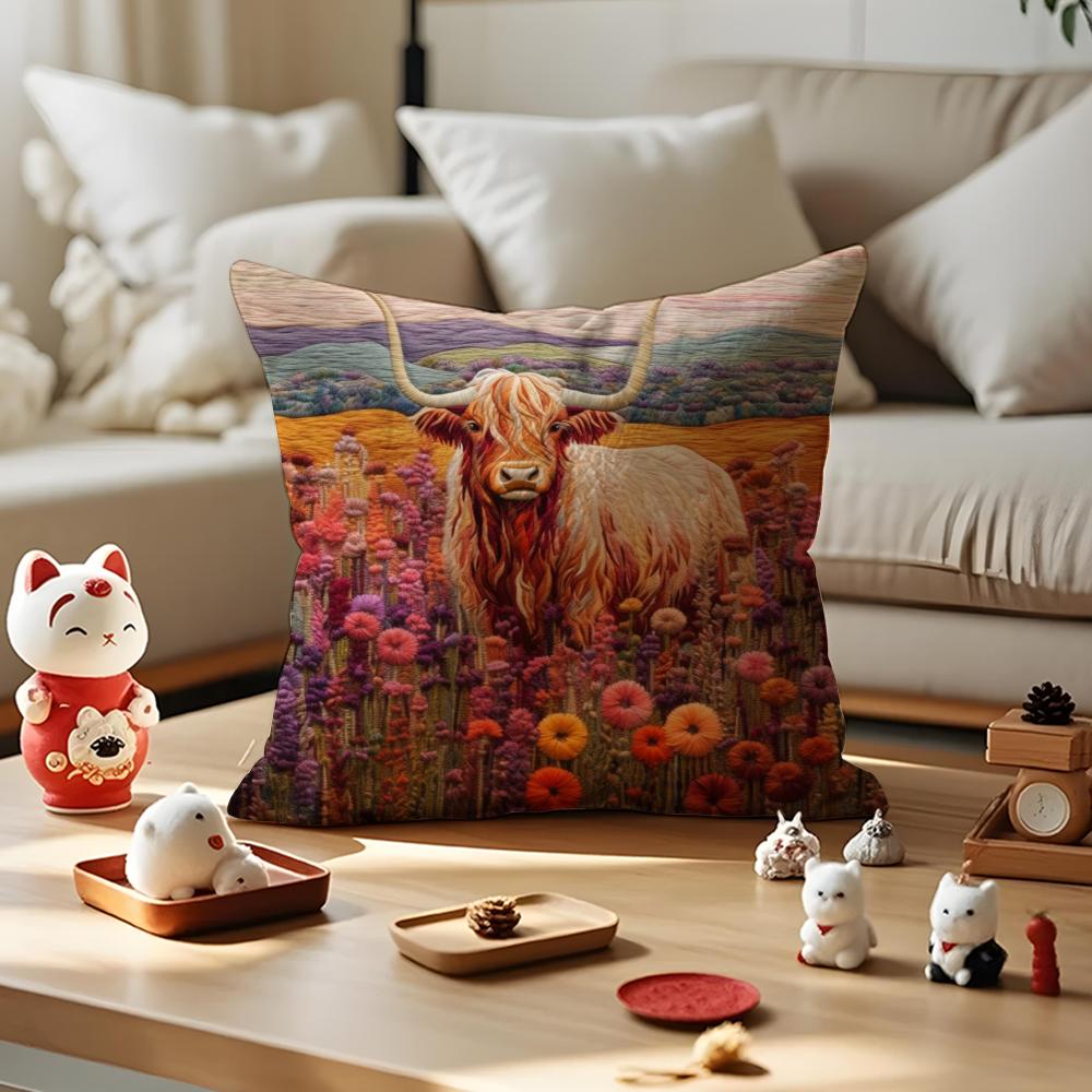 Vibrant Highland Cow Pattern Cushion Cover Silky Short Plush with Invisible Zipper Dustproof Sofa Pillow Cover for Home Decor