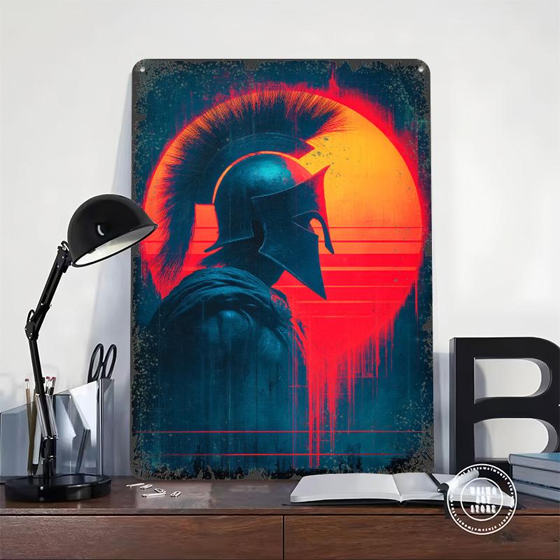 Spartan Warrior With Retro Sunset Tinplate Poster Customized Wall Art Vintage Retro Metal Signs for Home Decor Decoration Garage