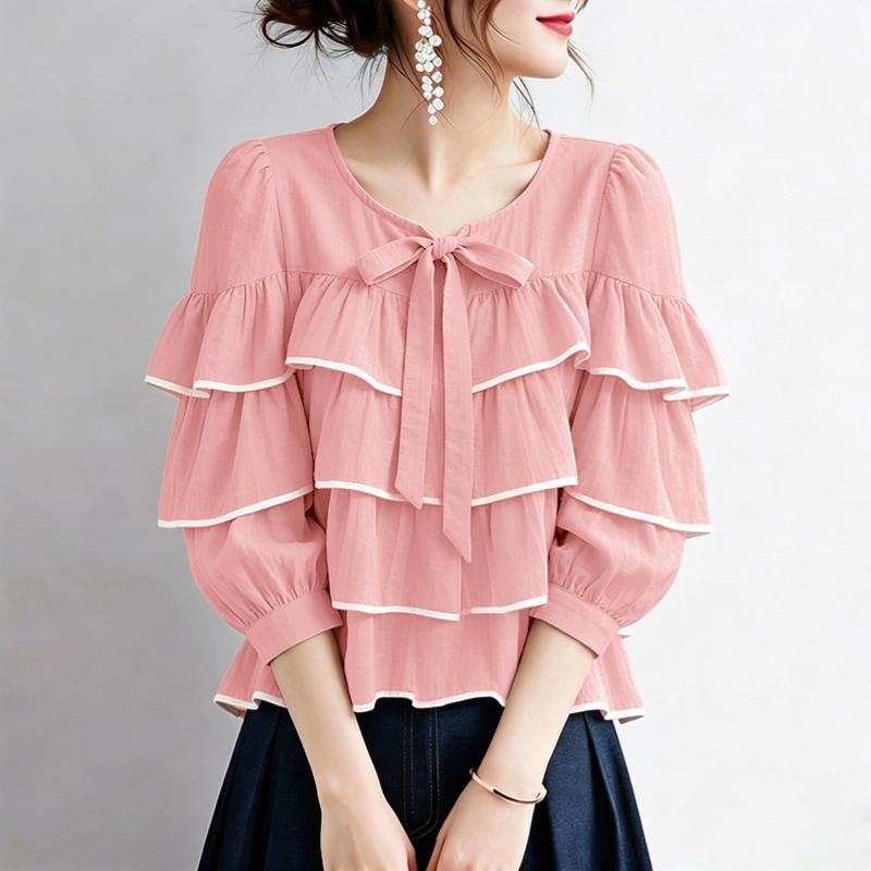 ZANZEA Women Elegant Round Neck Casual 3/4 Sleeve Ruffles Blouse M