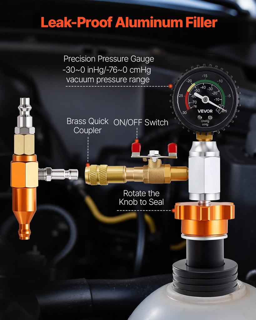 Radiator Vacuum Refill Kit, Automotives Cooling System Vacuum & Purge Fill Tool with Gauge, Portable Radiator Coolant Filling Kit with Toolbox,