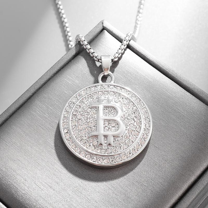 Collana Ciondolo Bitcoin Bling Iced Out con Strass per Uomo e Donna Hip Hop Rock Rap Gioielli Trendy Cool