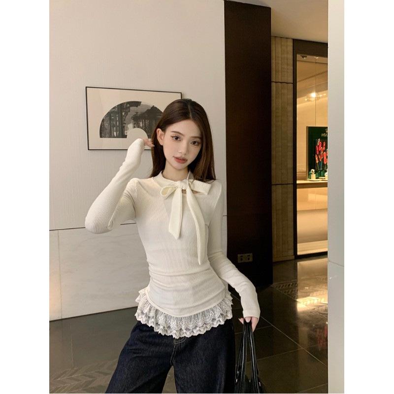 Niche Sexy Bow Long-Sleeve Lace Spliced Slim Fit Autumn Top