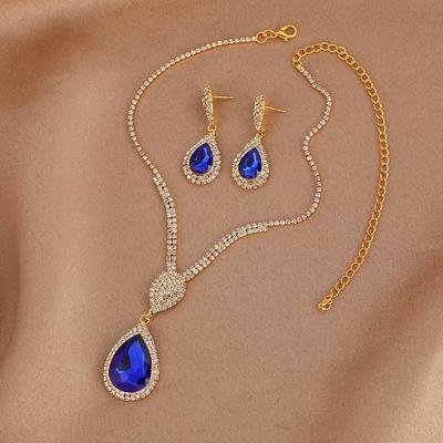 Light Luxury Design Fashion Temperament Sapphire Blue Crystal Water Drop Necklace Earrings Set Dress Accessories Bridal Accessories