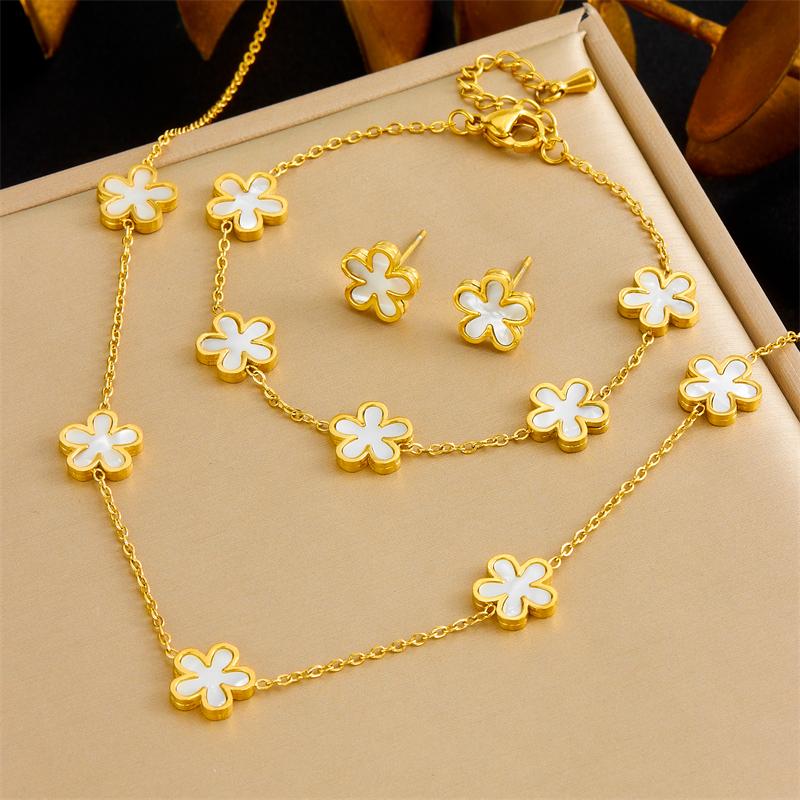 DIEYURO 316L Stainless Steel Simple Elegant White Shell Five Leaf Flowers Necklace Bracelet Set Women New Trend Jewelry Gift