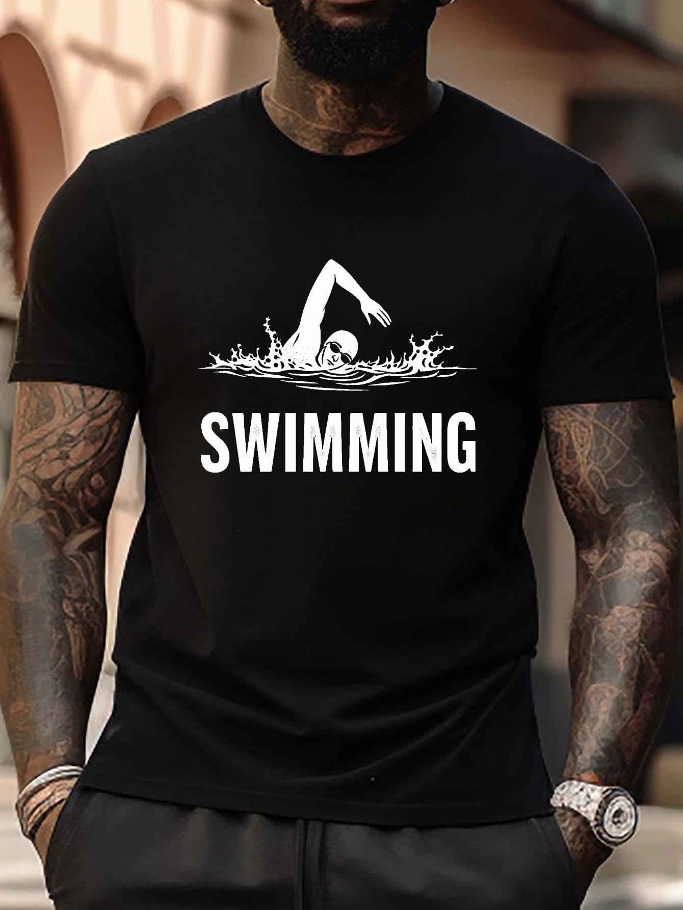 Plus Size Dynamic Freestyle Swimming Silhouette Graphic T-shirt - Black with White Geometric Print L