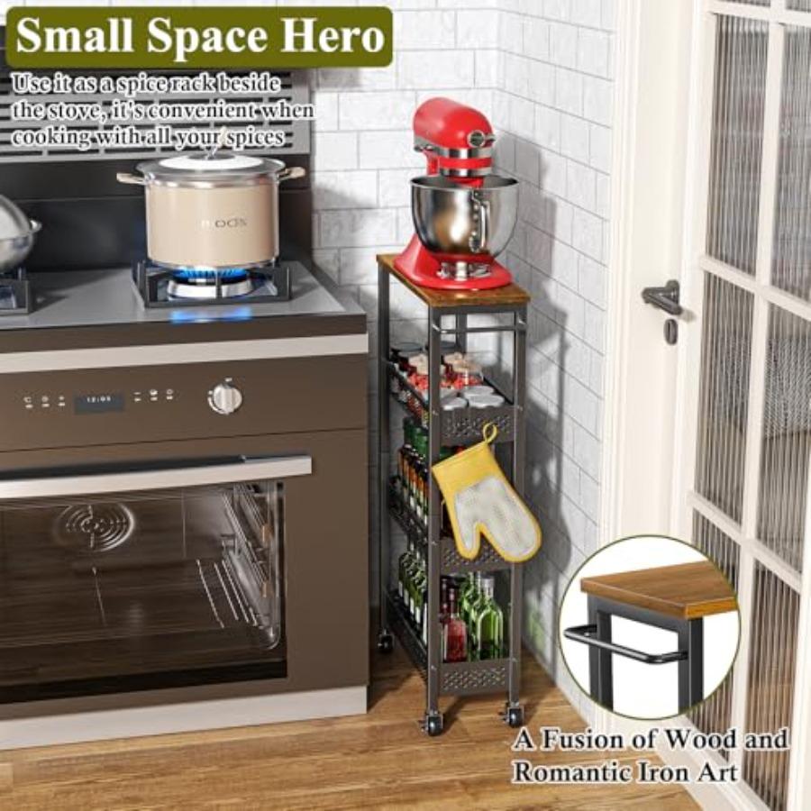 4-Laags Smalle Rolbare Opbergkar met Houten Bovenblad en Metalen Frame voor Keuken, Wasruimte, Badkamer, Smalle Ruimtes