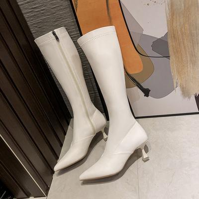 New Women Black White Faux Leather Boots Female Pointed Toe Stiletto Heels Knee High Boots Knight Boots Botas De Mujer