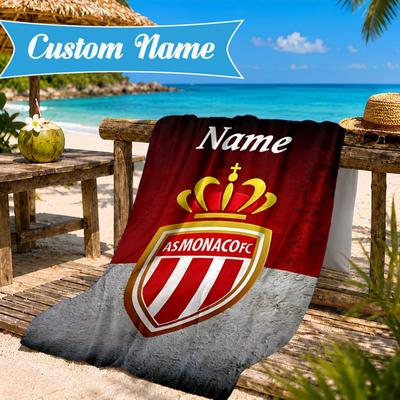 Custom Name Beach Towel Monaco Football Crest Microfiber Beach Towel, Lightweight for Summer Travel, Swimming Pool Fan Birthday Gift