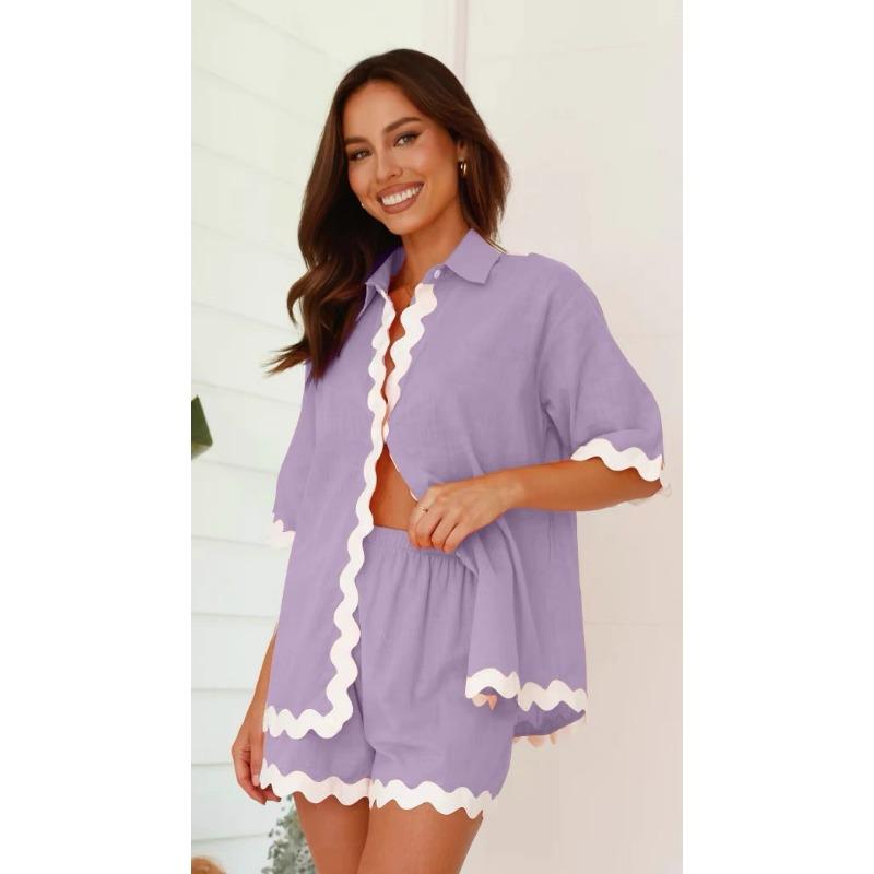 

VEZFAA Женская мода повседневная летняя весенняя кружевная печать с коротким рукавом воротник поло брюки брюки костюмы XL