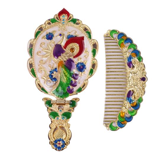 Vintage Folding Hand Mirror with Carved Comb Portable Travel Long Handle Metal Makeup Mirror Women Decorative Handheld Desk Vanity Mirror
