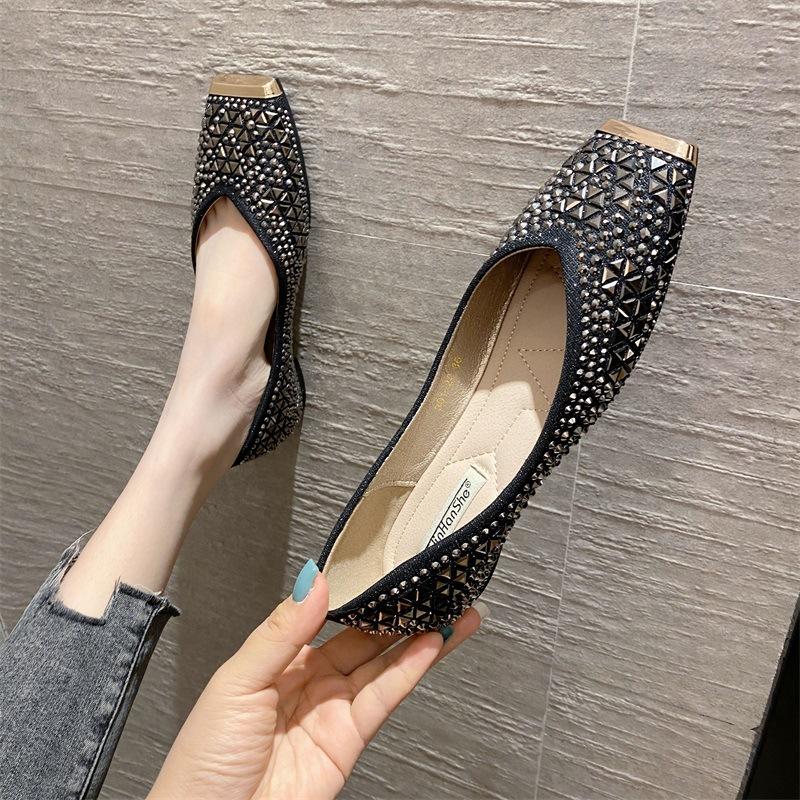 Spring Fashion Shallow Mouth Rhinestone Evening Breeze Gentle Soft Sole Doudou Shoes Square Head Flat Sole Single Shoes Women