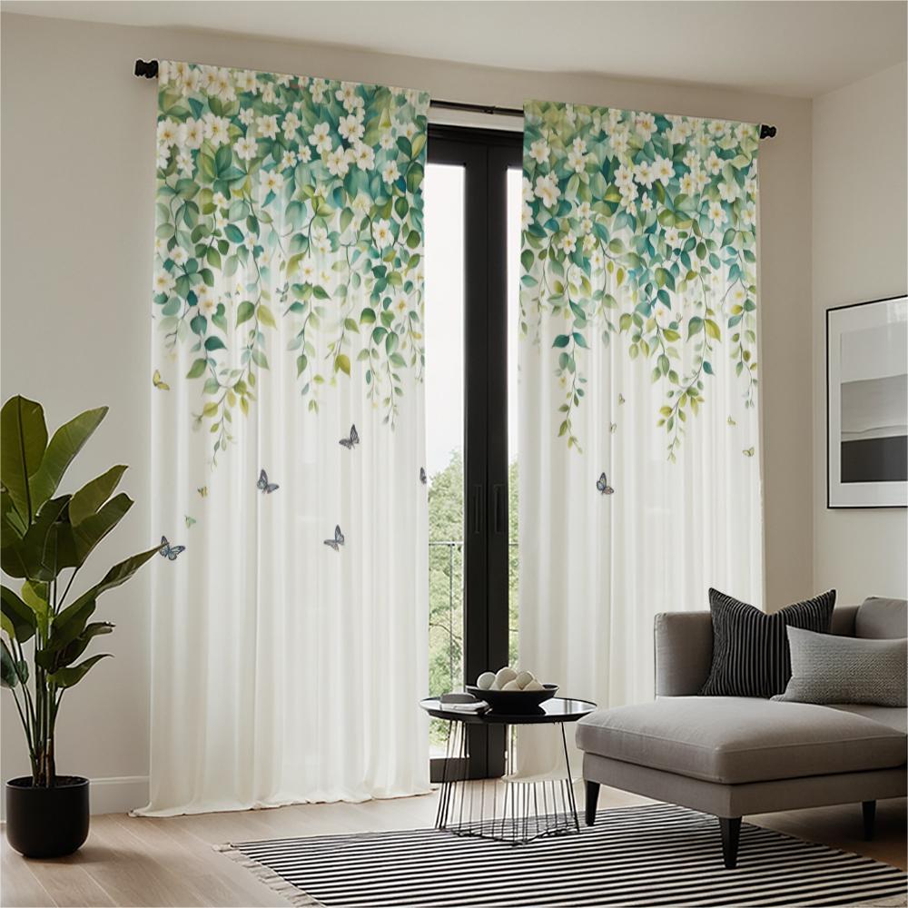 2-piece set of high-definition digital printed curtainWatercolor Green White Floral Leaves Butterflies Curtain ForCrossBorderHom