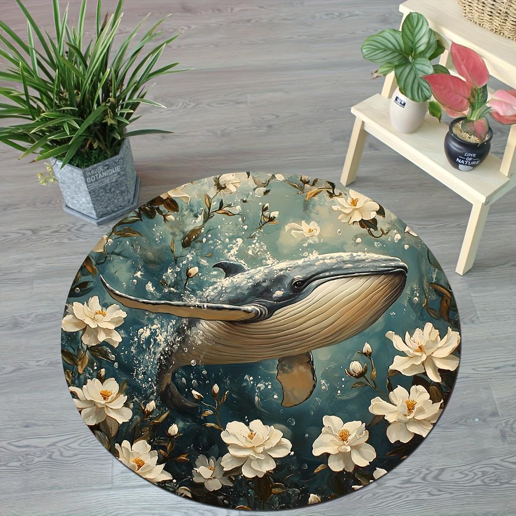 Flannel Printed Round Rug With Whale And Flowers Design For Living Room Home Decor Soft Floor Mat Nature Inspired Art