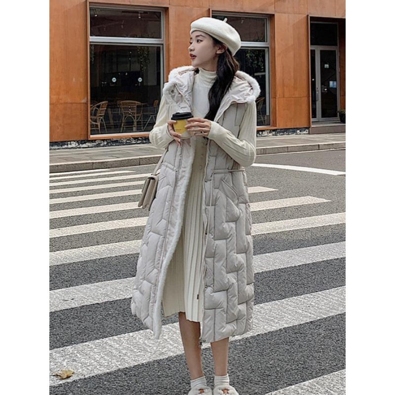 Jesienno-zimowa bawełniana kamizelka z kapturem damska do talii do kolan modna pogrubiona odzież wierzchnia