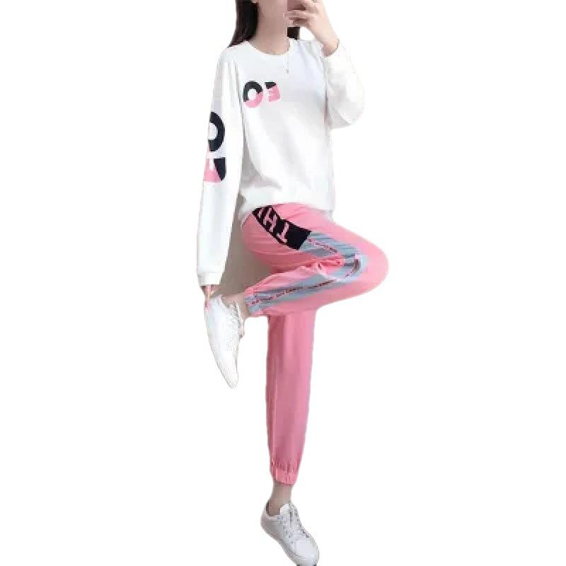 Dámský sportovní outfit s dlouhým rukávem - Jarní-podzimní trendy móda, Volný střih, Ležérní sada s mikinou v korejském stylu, Stylový design