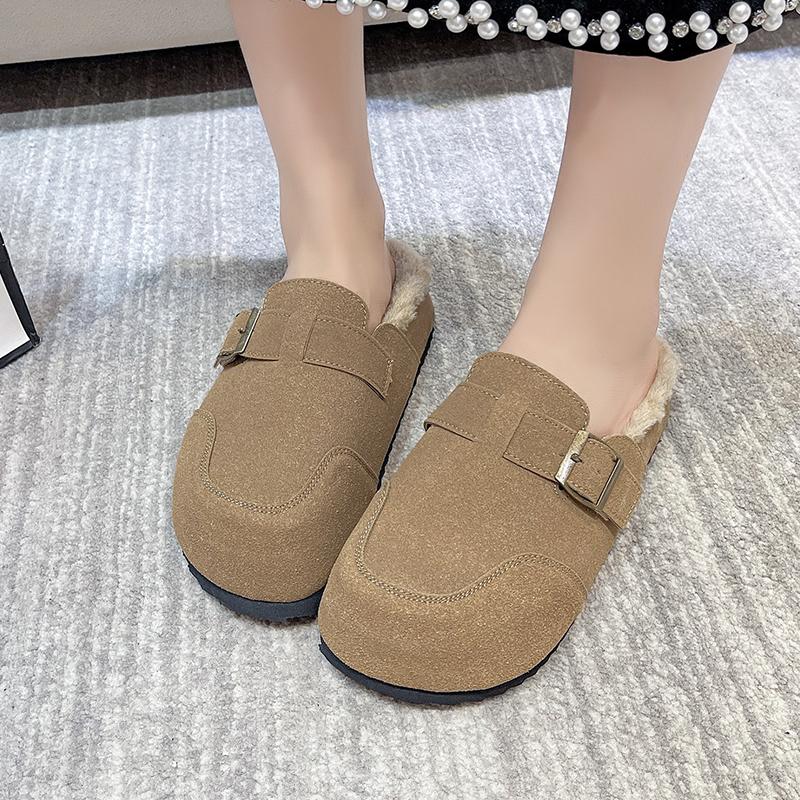Fashion Winter New Baotou Slippers Women's Fashion Round Head Suede Deep Mouth Soft Sole Anti-slip Wear-resistant Flat Shoes