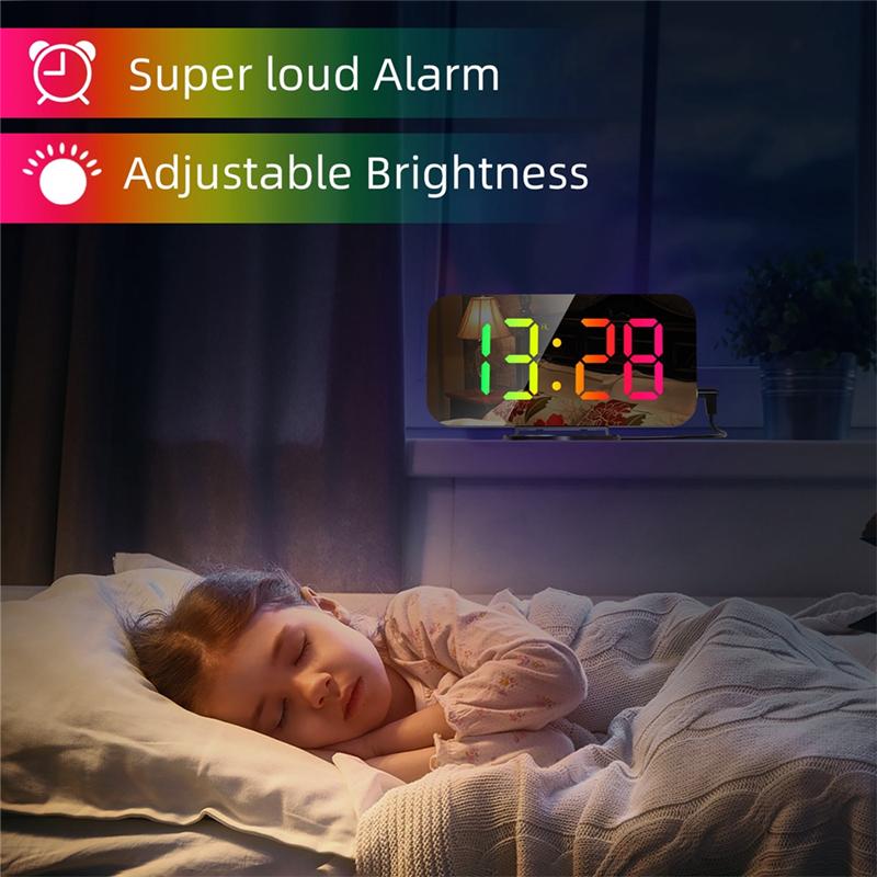 ABGR-Digital Alarm Clock RGB Colorful Large Screen Display Smart Mirror Alarm Clock Date Display For Room Decoration