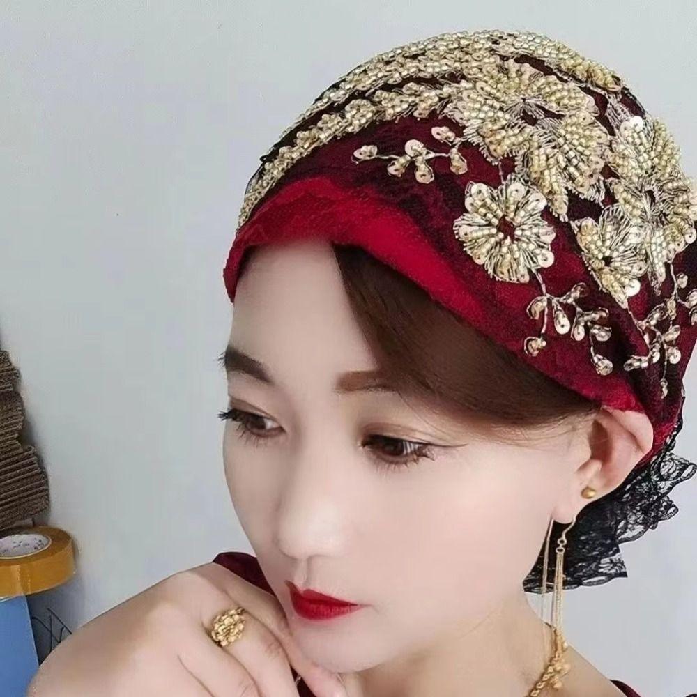 Turban Cap Floral Lace Caps Embroidery Beanie Hair Cover Cap Women Headscarf  Lady Female