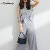 Summer Women Office Lady 2 Pcs Set O Neck Solid/Striped Sleeveless Bow Top+Wide Leg Pants Elegant Feminine Ladies' Suit