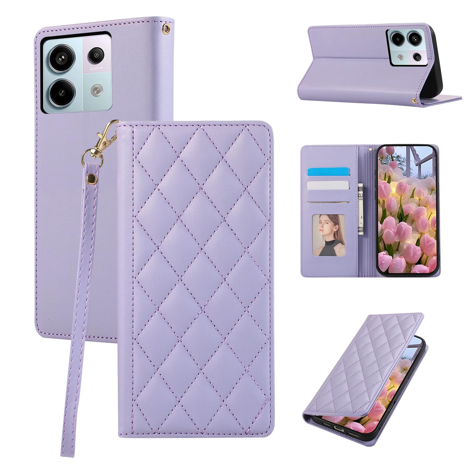 

Магнитный слот для карт Кошелек Кожаный флип-кейс для Xiaomi Redmi Note 14 Pro Plus 13 POCO X7 X6 5G 14T 13C Сумка Подставка Алмазное покрытие For POCO X6Pro 5G фиолетовый