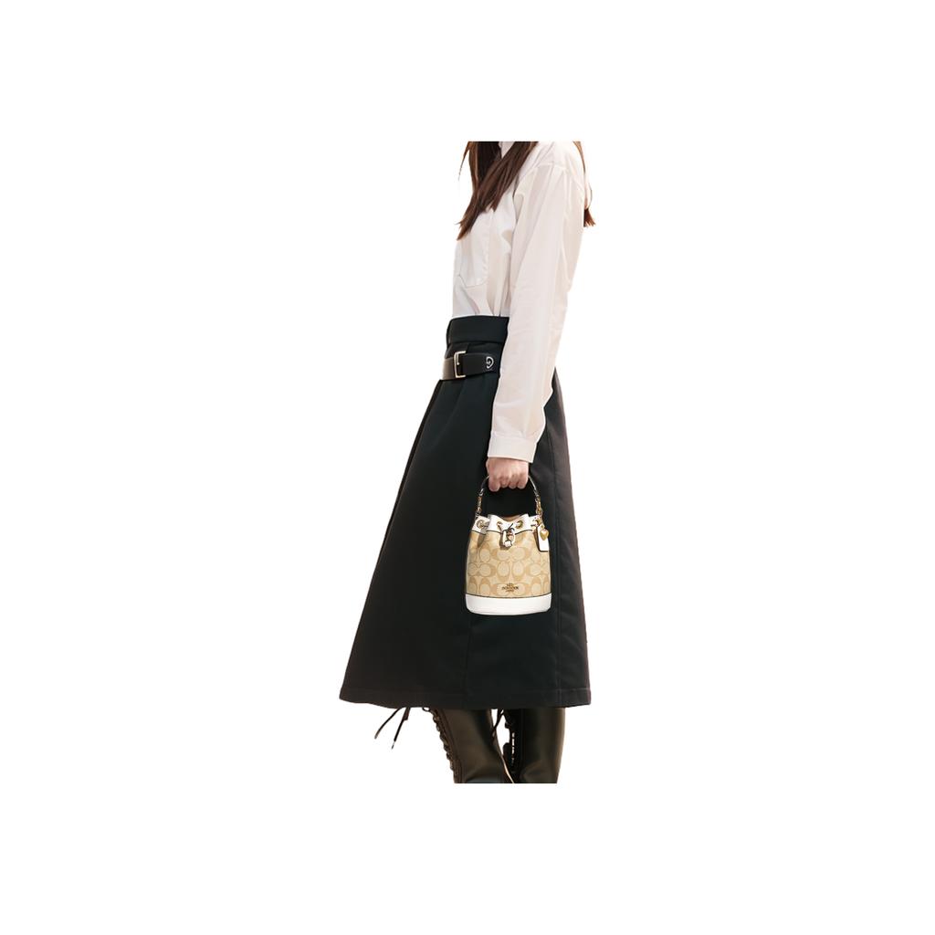 New COACH Dempsey Coated Canvas With Leather Bucket Bag, Shoulder Bag, Crossbody Bag, Handbag Trumpets Women's Khaki White C8069-IMDQC