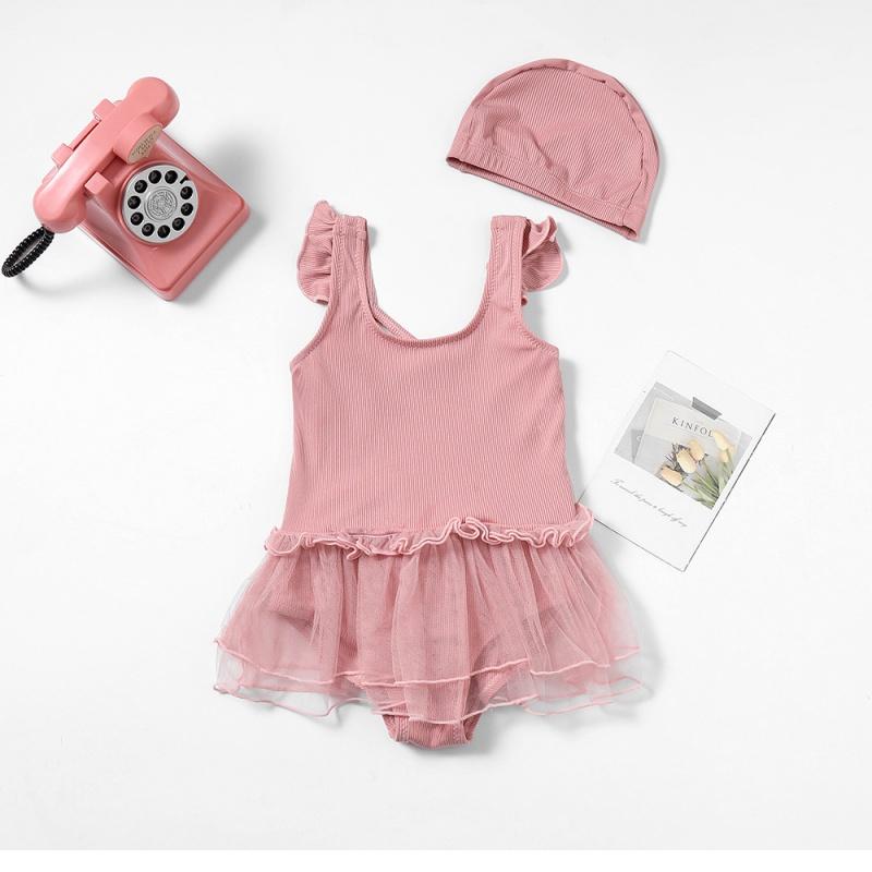 Girl Kids One Pieces Swimsuit With Hat Swimwear 2025 Bowknot Summer Beach Wear Children Swimming Suit