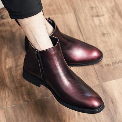 Fashion Winter Wine Red Men's Fashion Chelsea Boots Concise Genuine Leather Short Boots Classic Business ZIP Ankle Boots Black Shoes
