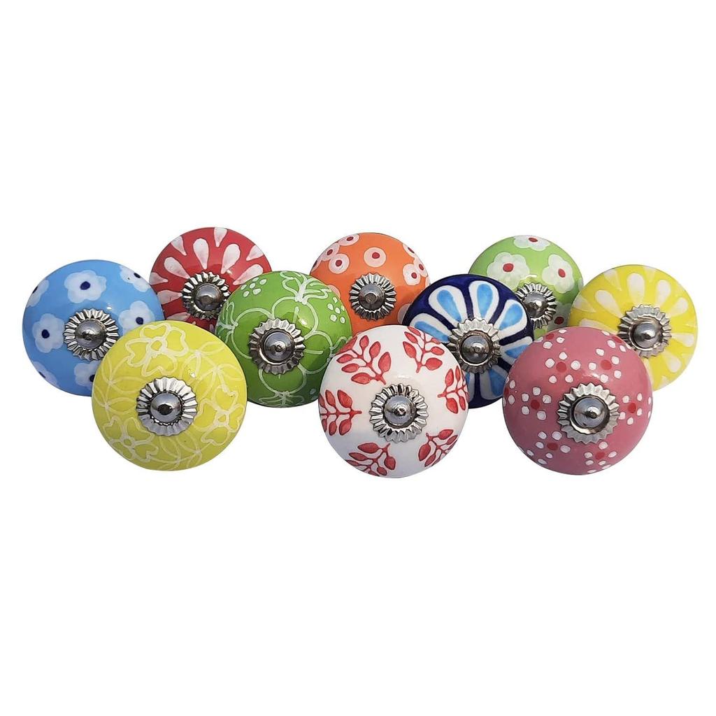 Vintage Hand Painted Ceramic Pull Knobs for Kitchen Cabinet, Door & Drawer, Wardrobe, Cupboard (Set of 10)