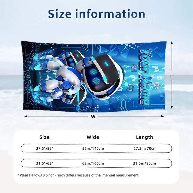 Astro Bot Beach Towel, Personalized Custom Text, Quick Dry Soft Large Towel For Swimming Pool Travel