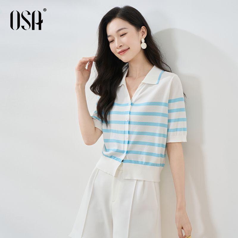 

OSA Полоски Летний Легкий Приталенный Трикотаж с Коротким Рукавом Light Sky Blue S