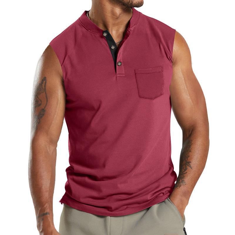 Men's Sleeveless Men's V-neck Button Sport Breathable Wide Shoulder Man T-shirt