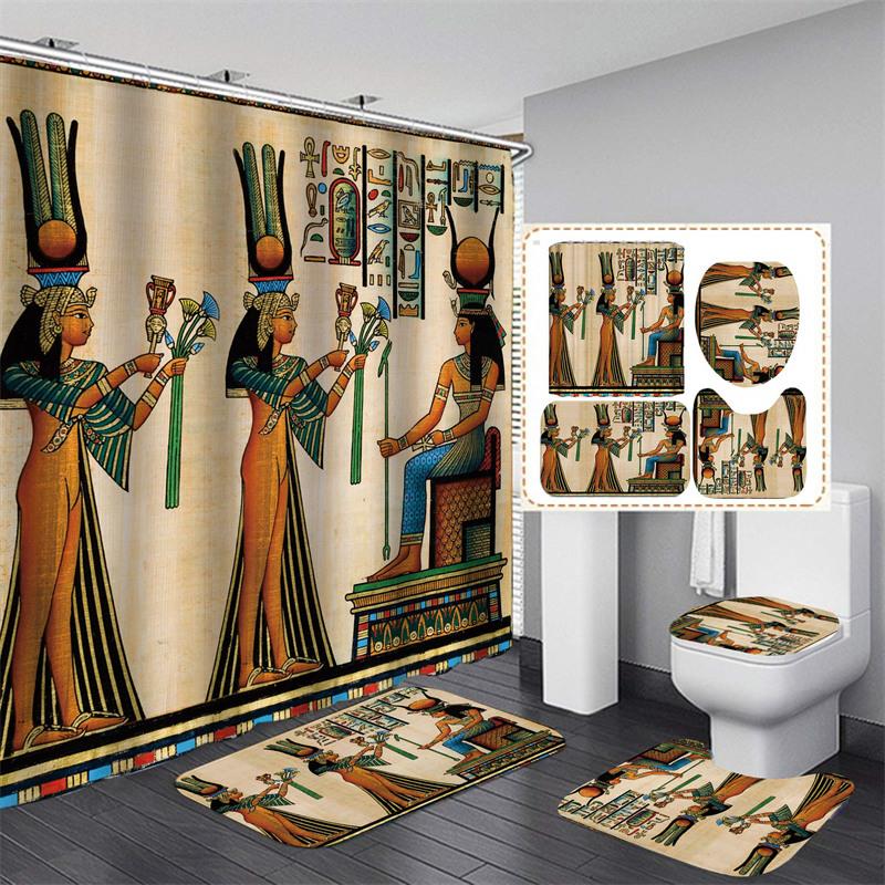 

Fashion African Woman Shower Curtain Set With Rugs Afro Girl Egyptian Lady Fabric Shower Curtain Liner Non-Slip Carpet W60H190(CM)-1 Pcs