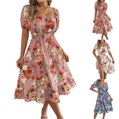 Women's Fashionable Floral Print Off Shoulder Short Sleeved Ruffle Edge Holiday Beach Loose Dress
