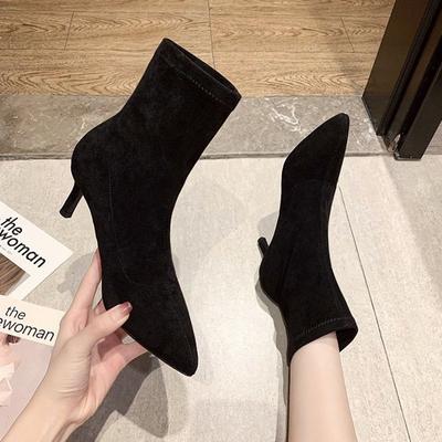 Pointed Toe Women Sock Short Boots Fashion Slip On Shoes Autumn Winter Thin High Heel Women's Ankle Booties